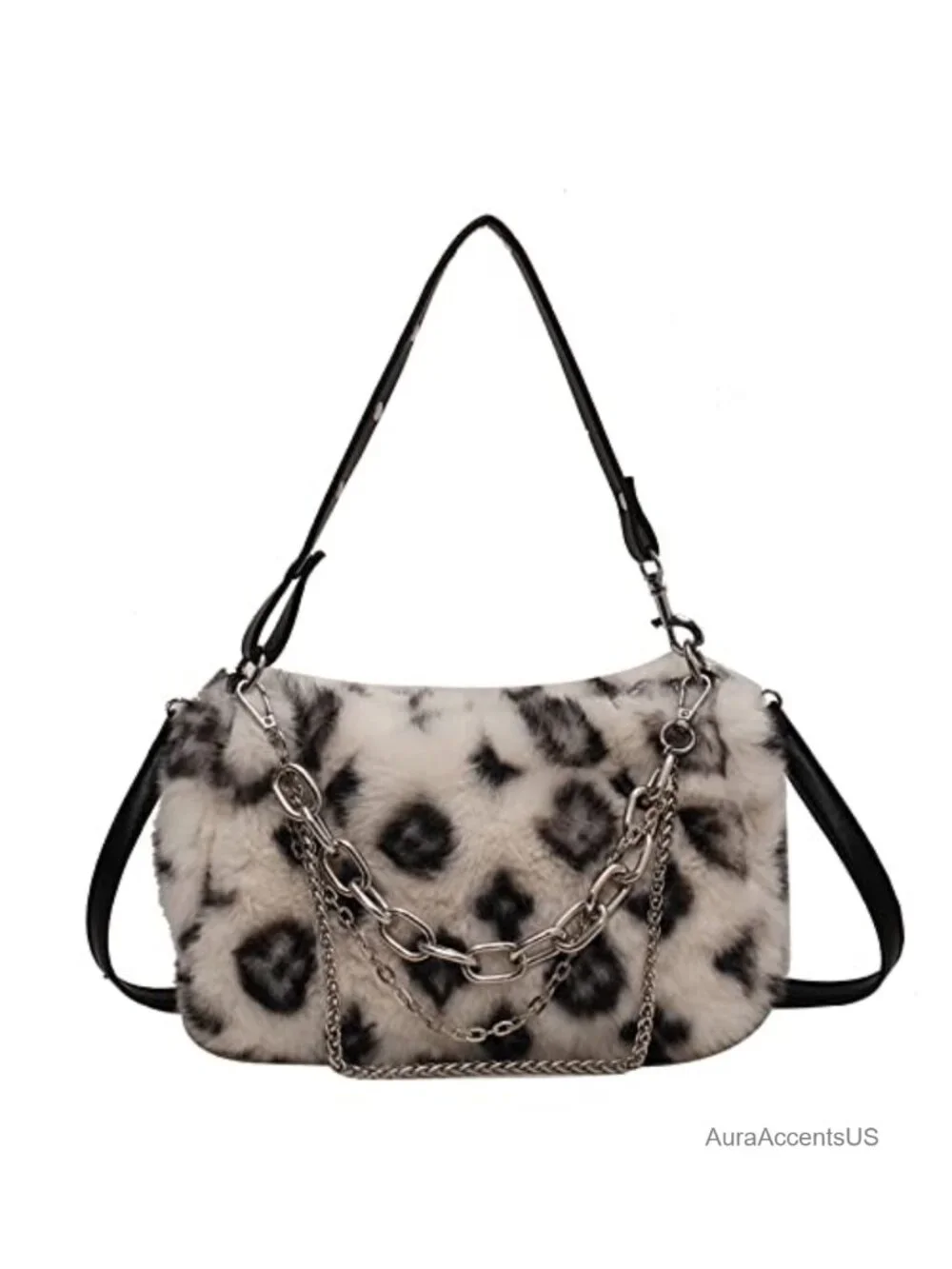 Plush Faux Fur Leopard Print Crossbody Hobo Bag Chain Strap Y2K Purse